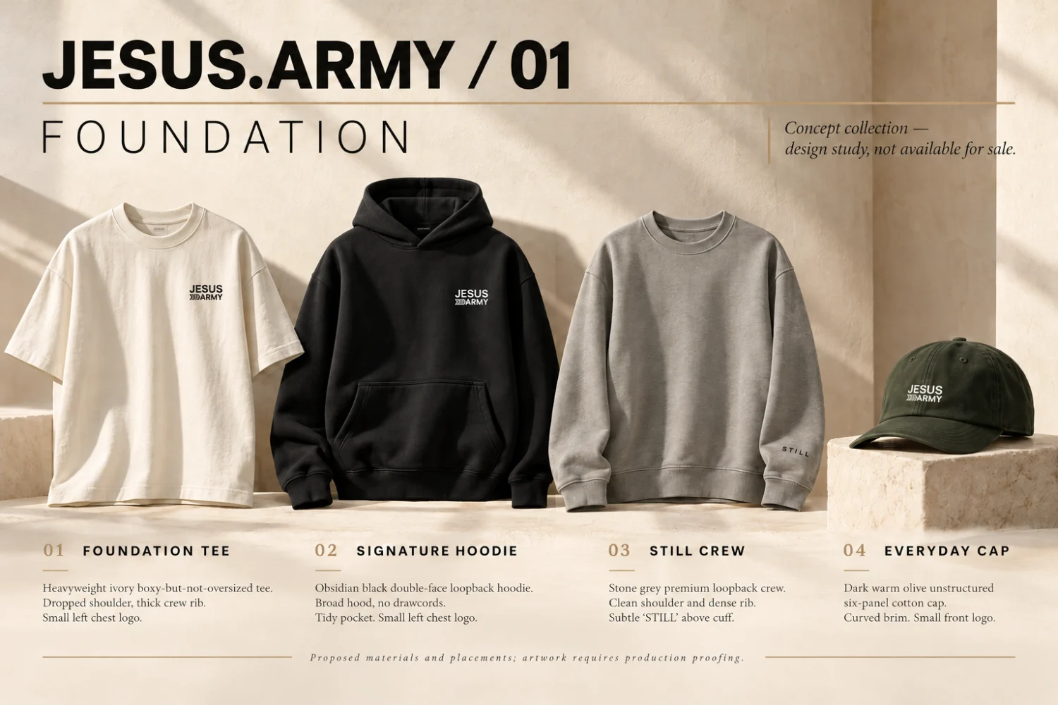 Foundation concept board showing proposed Jesus.Army tees, hoodie, crewneck and cap in restrained neutral colours.