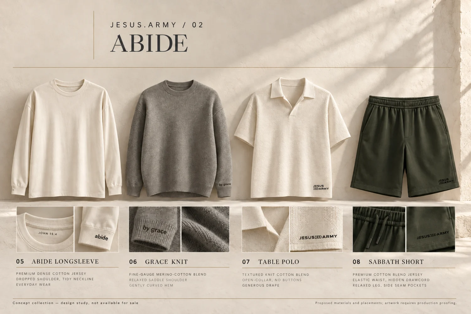Abide concept board showing proposed longsleeve, knit, polo and shorts with subtle Christian details.