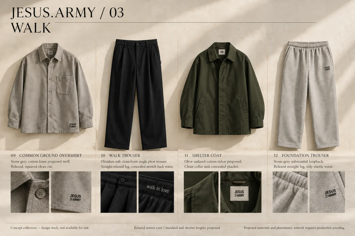 Walk concept board showing proposed overshirt, straight trousers and short coat in olive, stone and black.