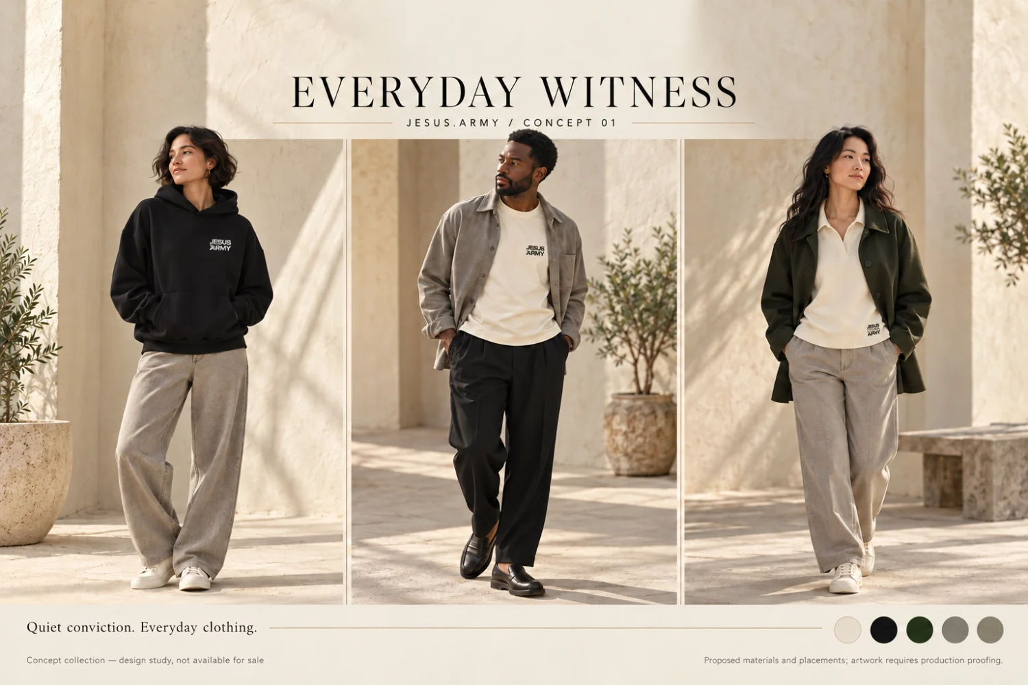 Three generated models wearing proposed Jesus.Army clothing in black, ivory, stone and olive.